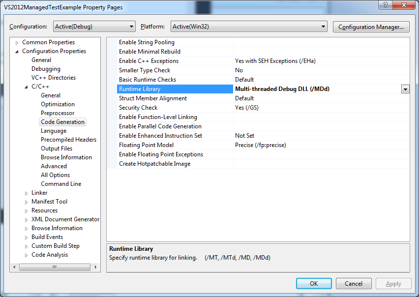 VS2012 debug runtime options