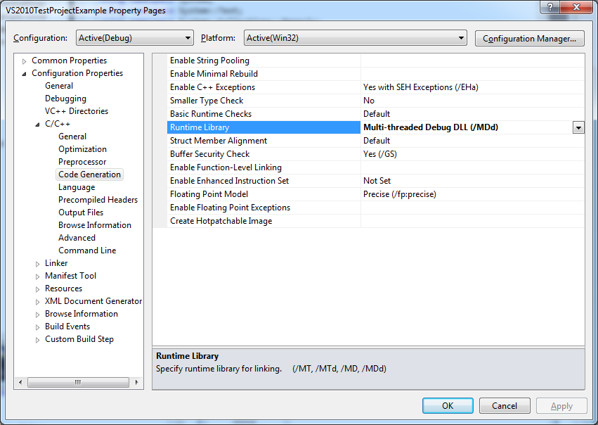 VS2010 debug runtime options